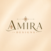 Elegant AMIRA DESIGNS logo featuring sophisticated serif typography with subtle decorative embroidery-inspired motifs in warm brown tones on a soft beige background.