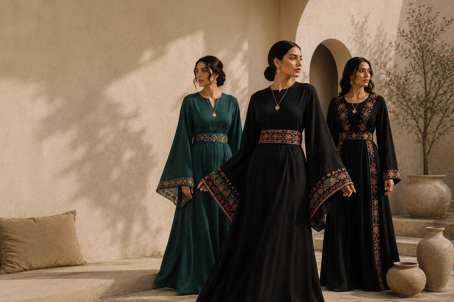 Three women stand in an elegant courtyard wearing modest black and dark green dresses with wide sleeves featuring intricate embroidered patterns around the waist and cuffs, styled with simple gold necklaces.