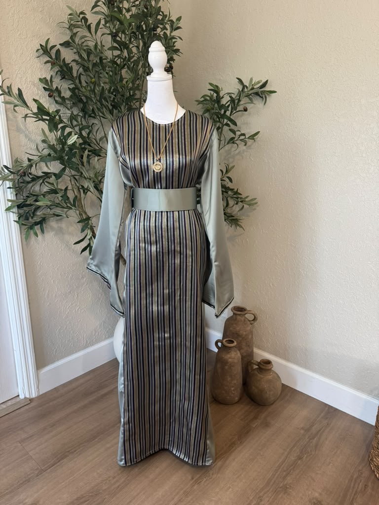 Amira Designs olive striped abaya with wide sleeves and matching belt, front view