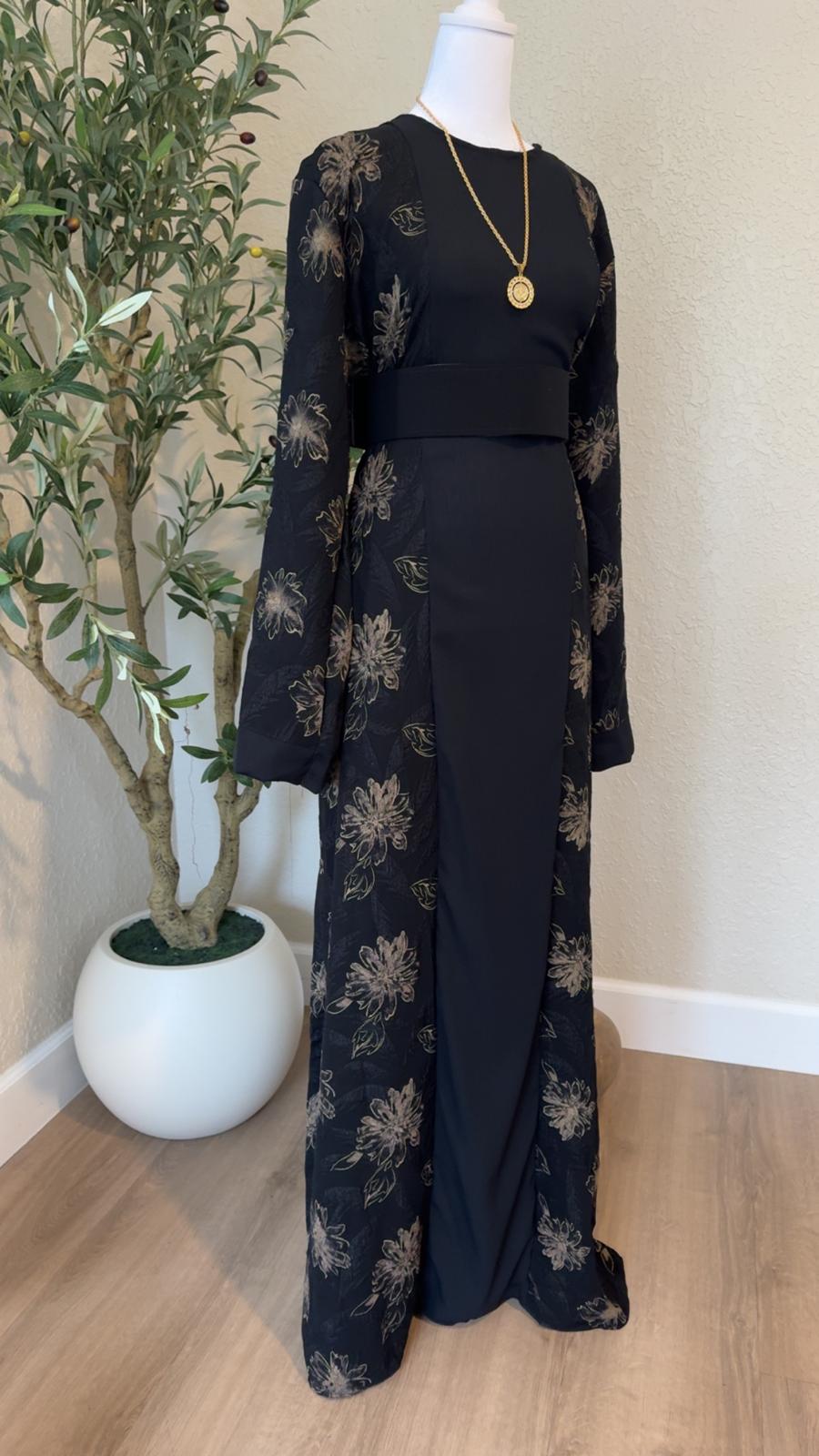 Bethlehem Bloom black Palestinian thobe with bronze floral detailing and matching belt, made in Palestine
