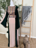 Luxury Cedar Rose Thoub by Amira Designs featuring Palestinian-inspired striped embroidery, flowing sleeves, and elegant heritage detailing
