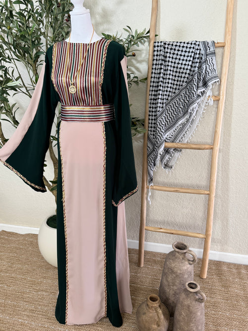 Luxury Cedar Rose Thoub by Amira Designs featuring Palestinian-inspired striped embroidery, flowing sleeves, and elegant heritage detailing