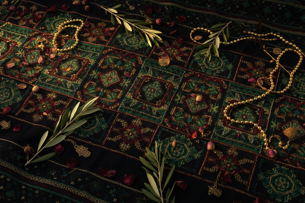 Close-up of a richly patterned fabric with intricate green and gold embroidery, adorned with olive branches, scattered rose petals, and gold-colored beaded necklaces.