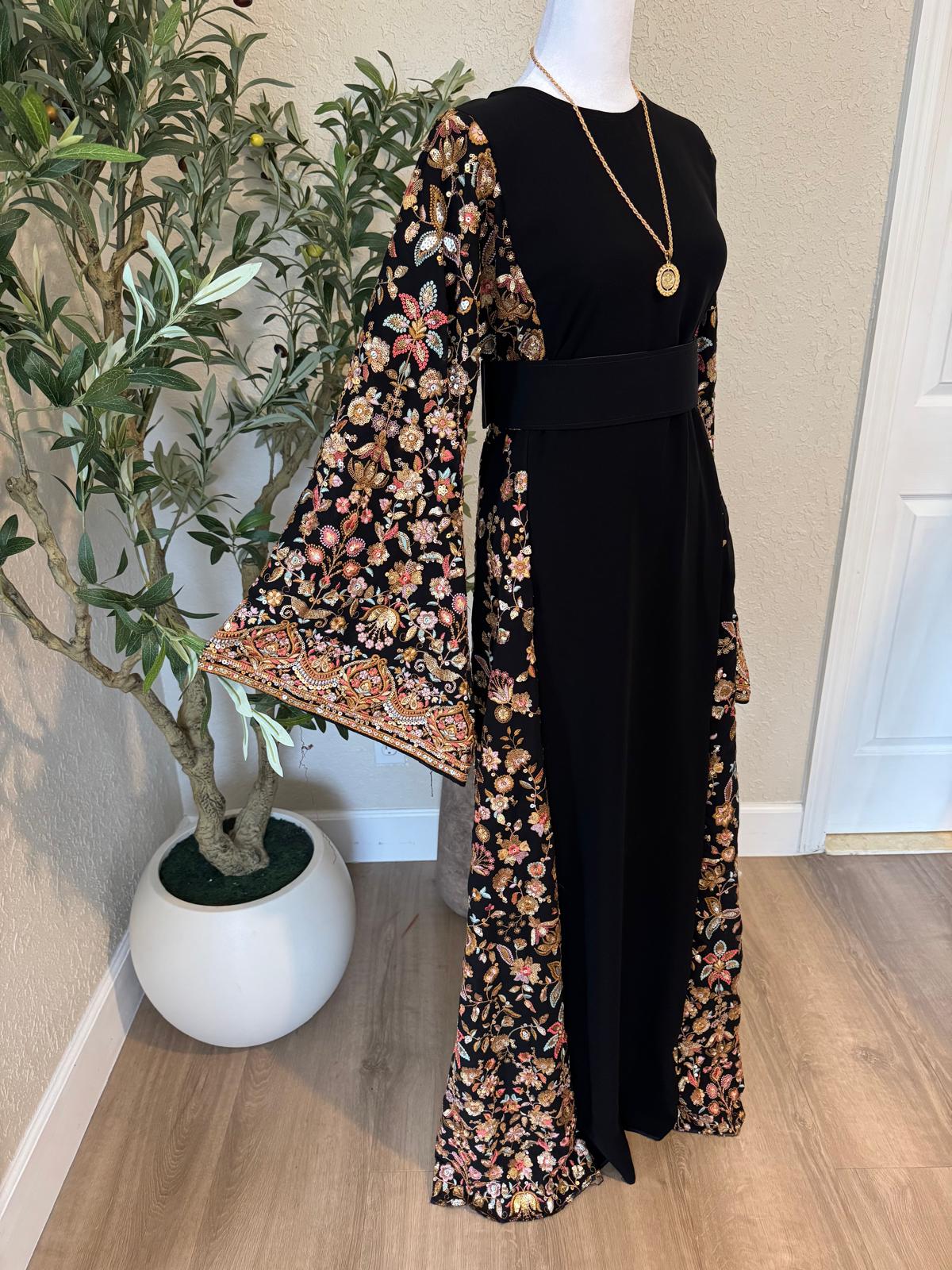 Jenin Garden Palestinian thobe with floral statement sleeves and side panels