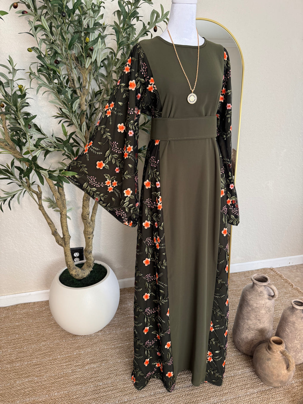 Olive Blossom Dress featuring floral chiffon sleeves and elegant olive green modest design