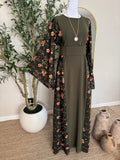 Olive Blossom Dress featuring floral chiffon sleeves and elegant olive green modest design
