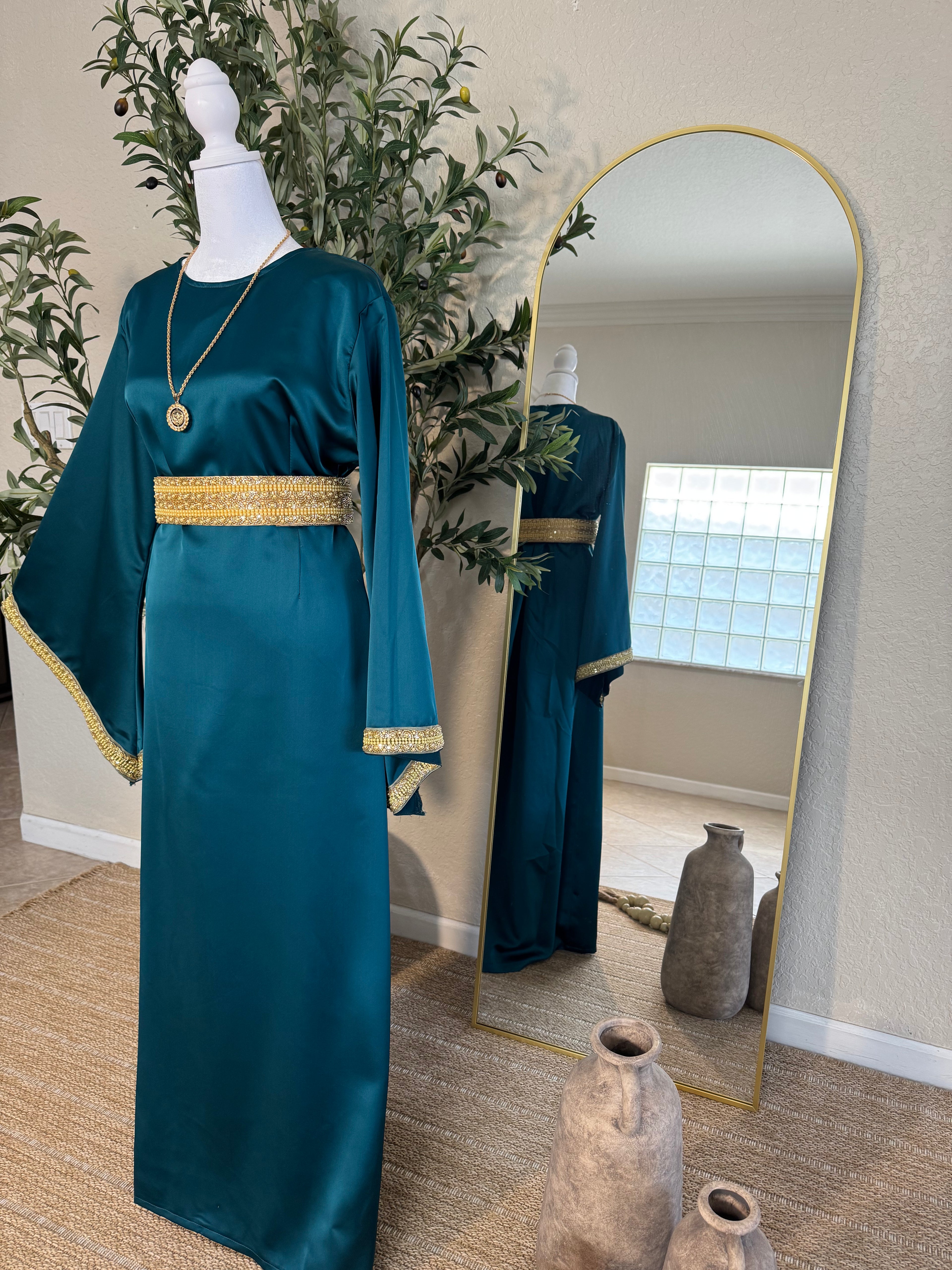 Luxury satin evening dress in deep teal with gold embroidered details